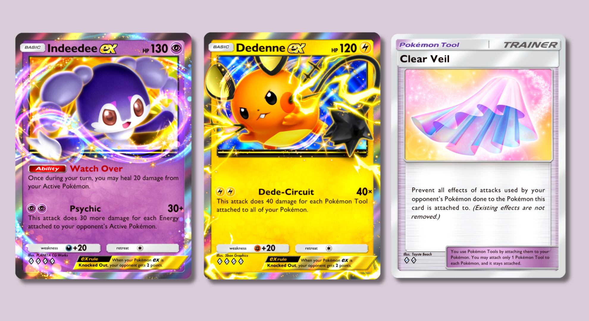 Pokémon Pocket cards showing Indeedee, Dedenne, and a Silk Cape.