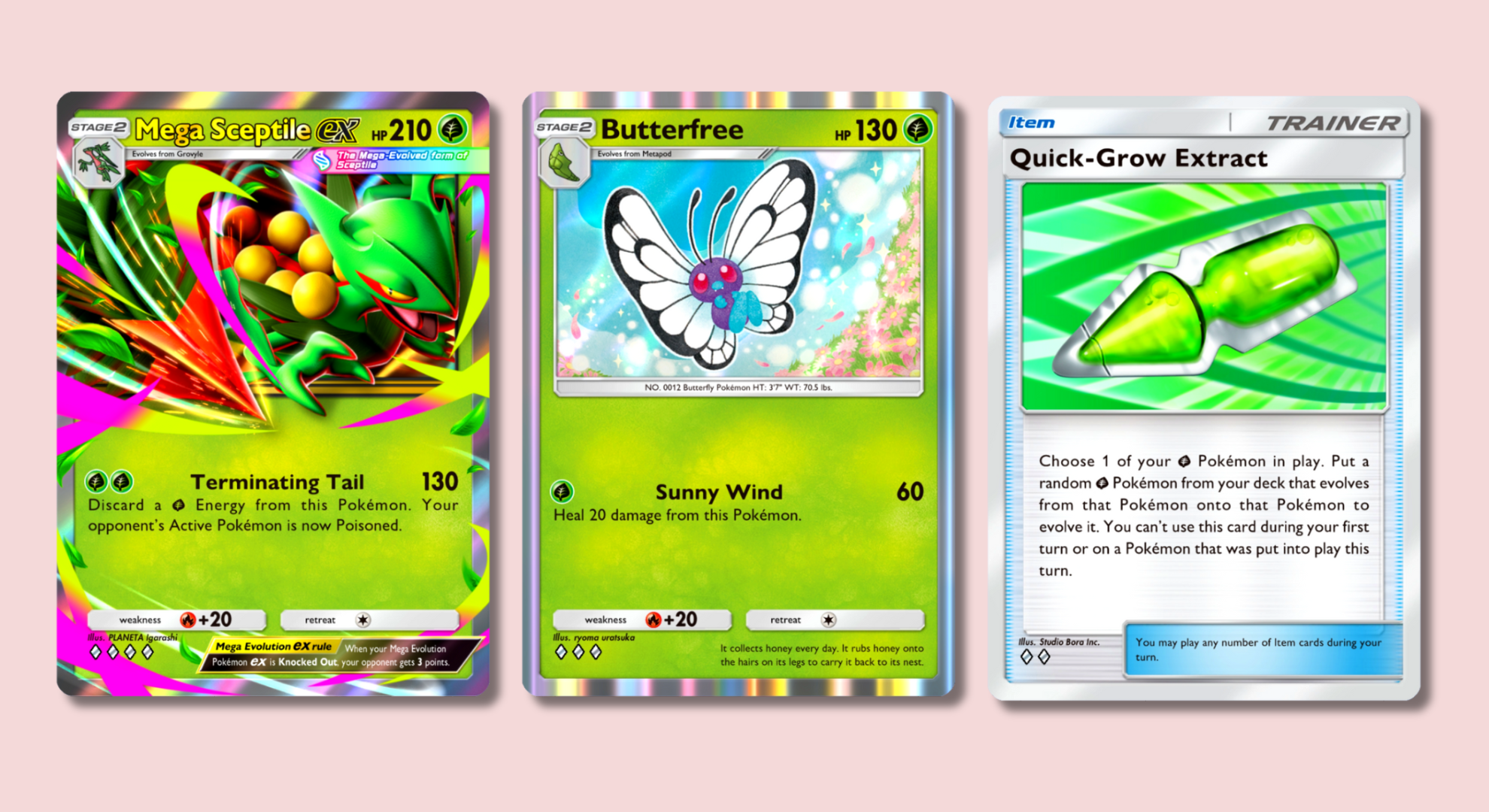 Pokémon TCG Pocket cards showing Mega Sceptile, Butterfree, and Quick-Grow Extract on a pink background.