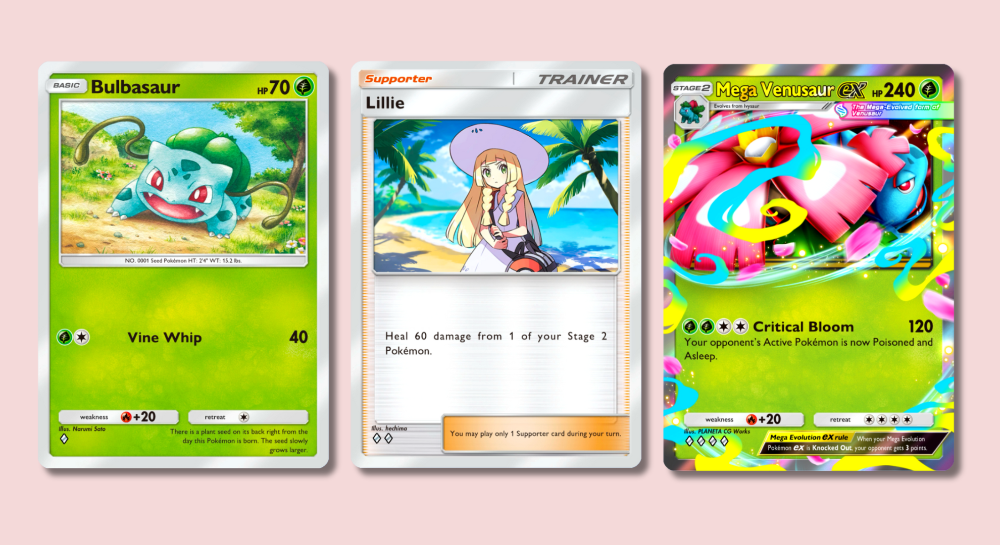 Pokémon TCG Pocket cards showing Bulbasaur, Lillie, and Mega Venusaur on a pink background.