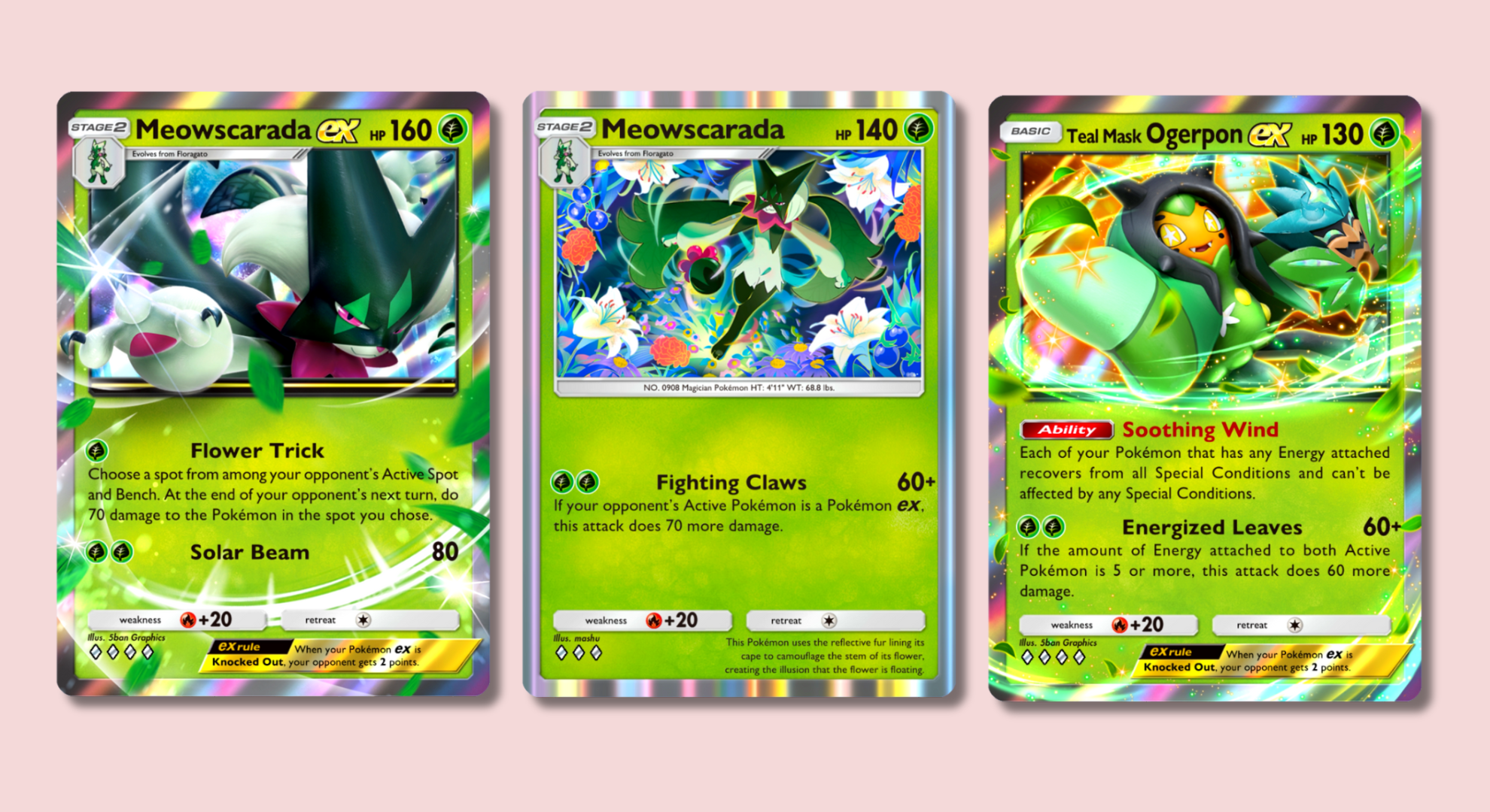 Pokémon TCG Pocket cards showing two Meowscaradas and a Teal Mask Ogerpon on a pink background.
