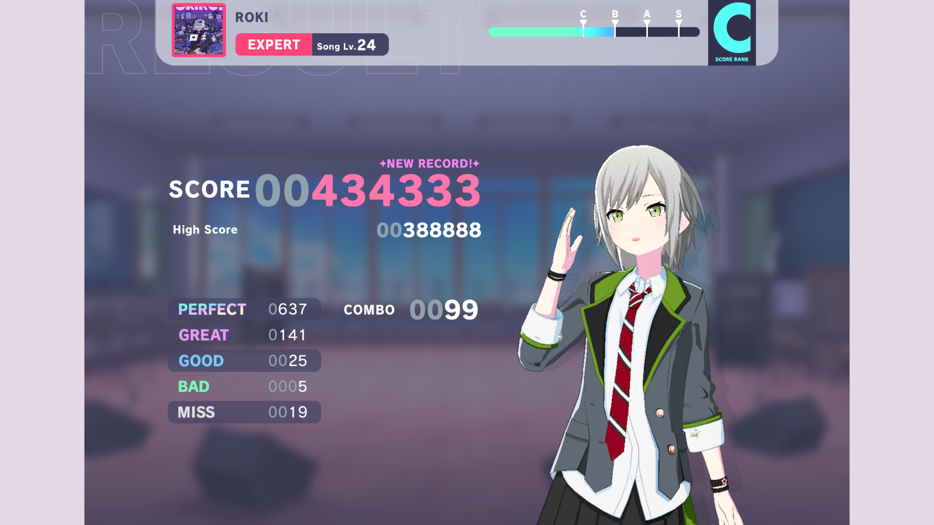 Hatsune Miku Colorful Stage screenshot showing the score after playing Roki song on Expert difficulty.
