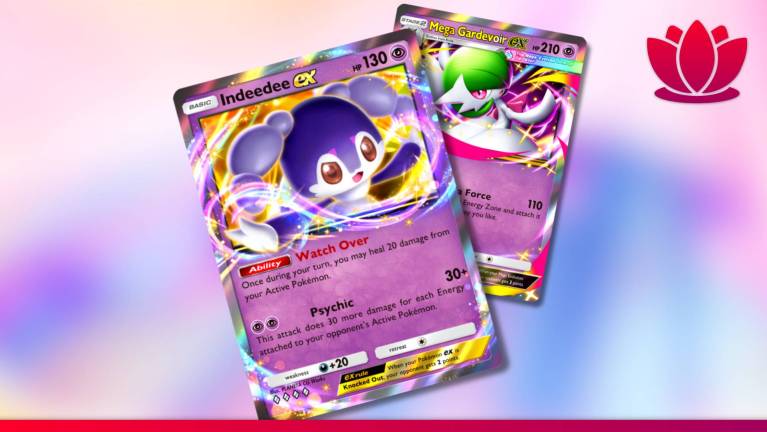 Pokémon Pocket cards showing Indeedee and Mega Gardevoir on a blurry pink and blue background.