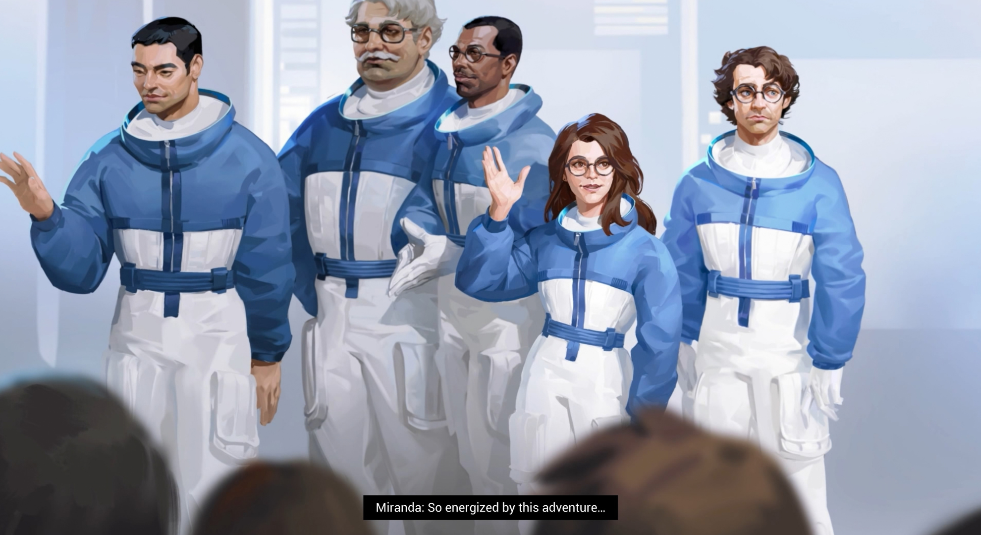 Rivage game screenshot showing the A.R.E.S. team together.