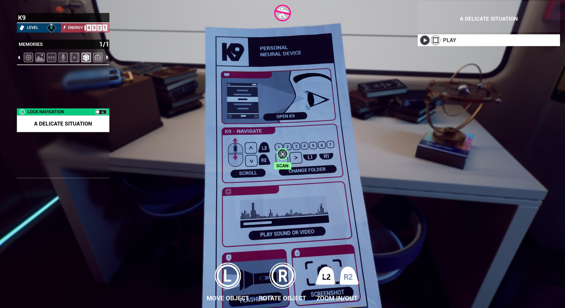 Rivage game screenshot showing the introductory pamphlet in Miranda's room.