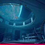 Space station screenshot with blue light and wide ceiling window showing a planet in Rivage game.