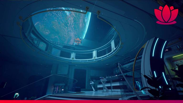 Space station screenshot with blue light and wide ceiling window showing a planet in Rivage game.