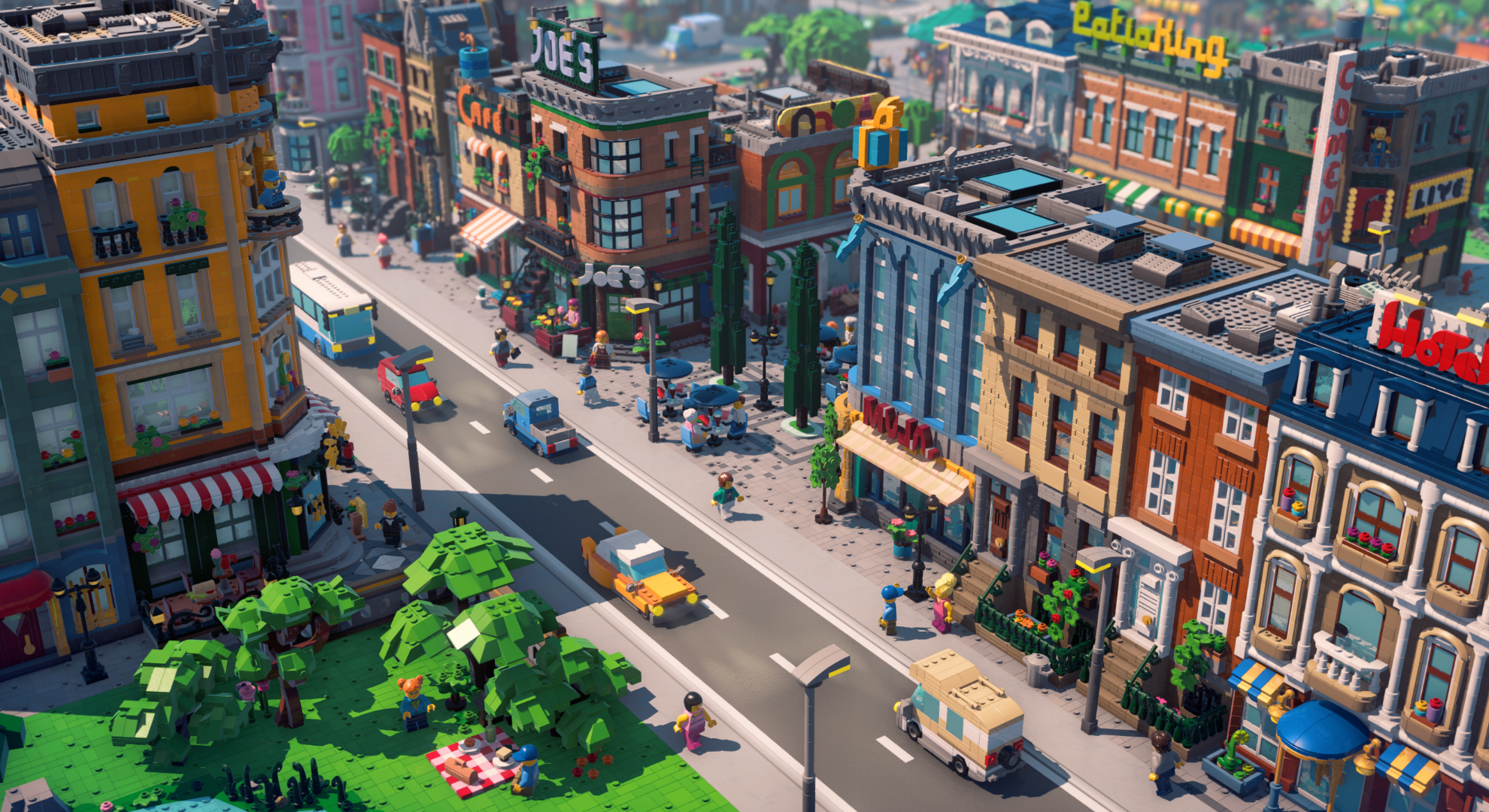 LEGO Skylines city street view screenshot.