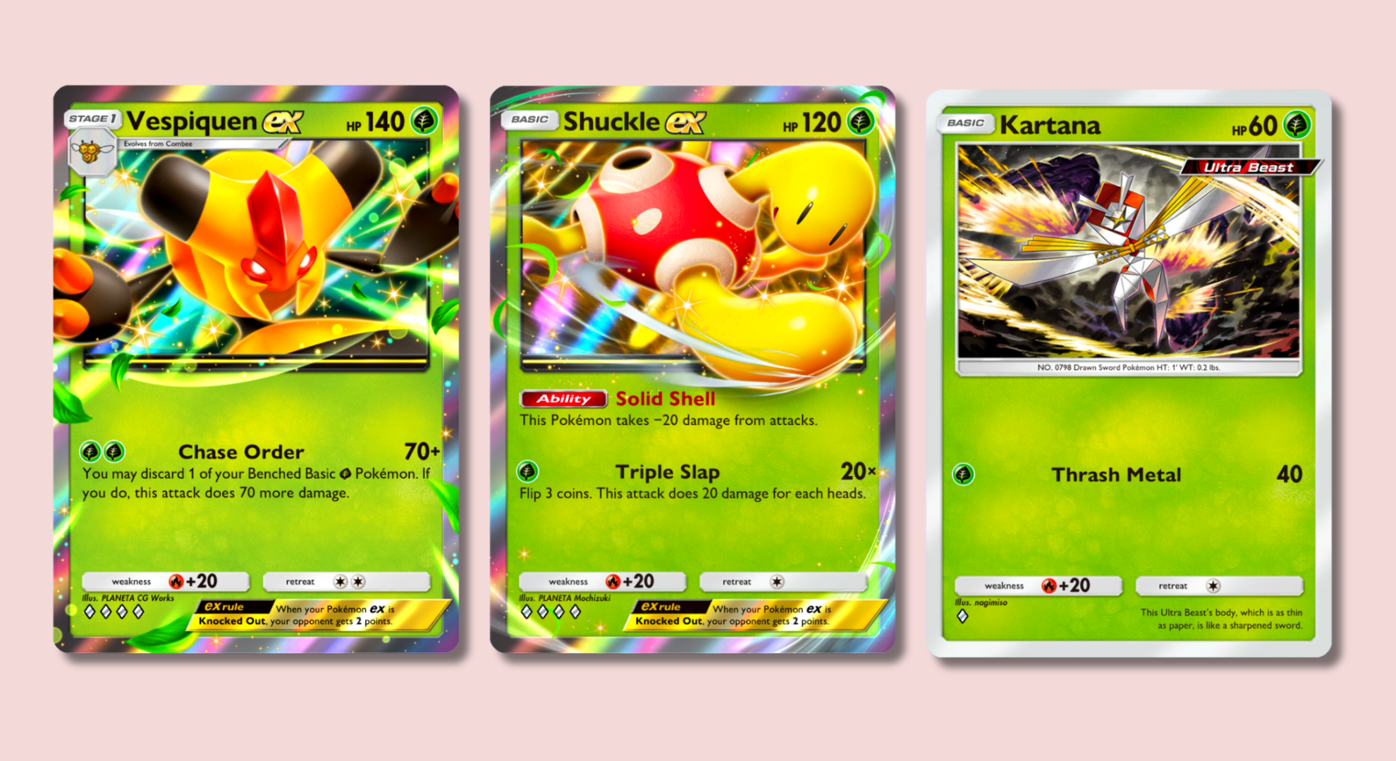 Pokémon TCG Pocket cards showing Vespiquen, Shuckle, and Kartana on a pink background.