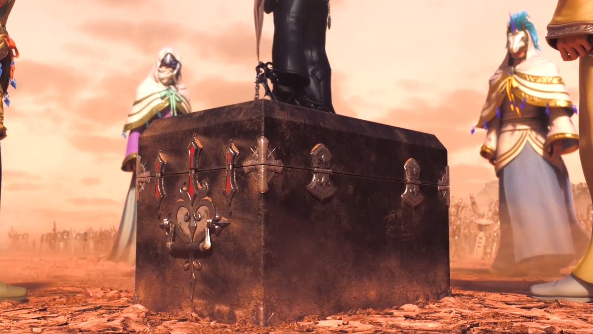 Kingdom Hearts screenshot showing a scene with the Book of Prophecies and the Foretellers.