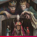 Crusader Kings 3 splash art showing monarchs manipulating the pope.