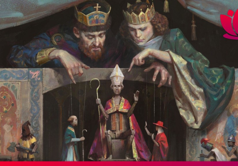 Crusader Kings 3 splash art showing monarchs manipulating the pope.