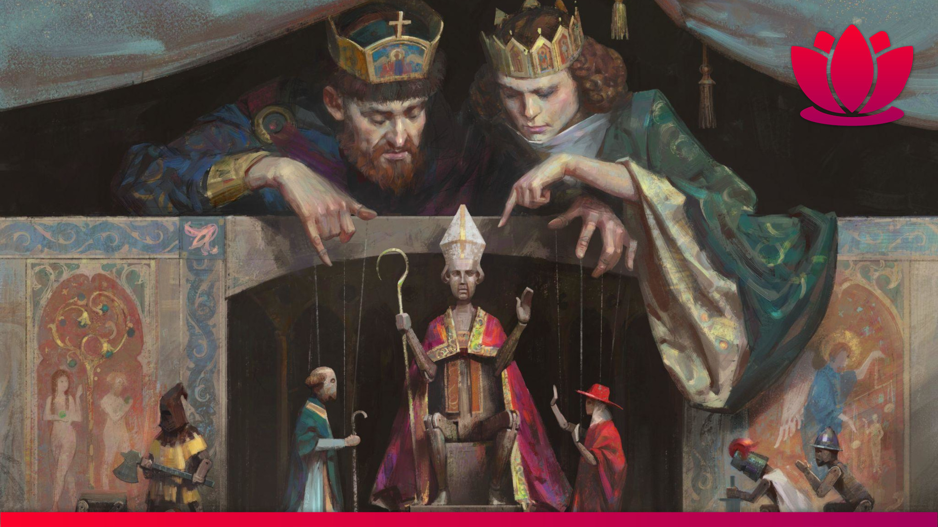 Crusader Kings 3 splash art showing monarchs manipulating the pope.