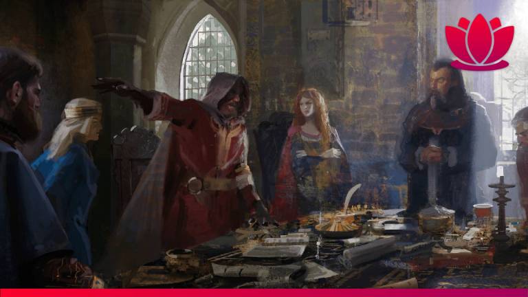 Crusader Kings 3 screenshot showing key art with royals arguing in a dark room.