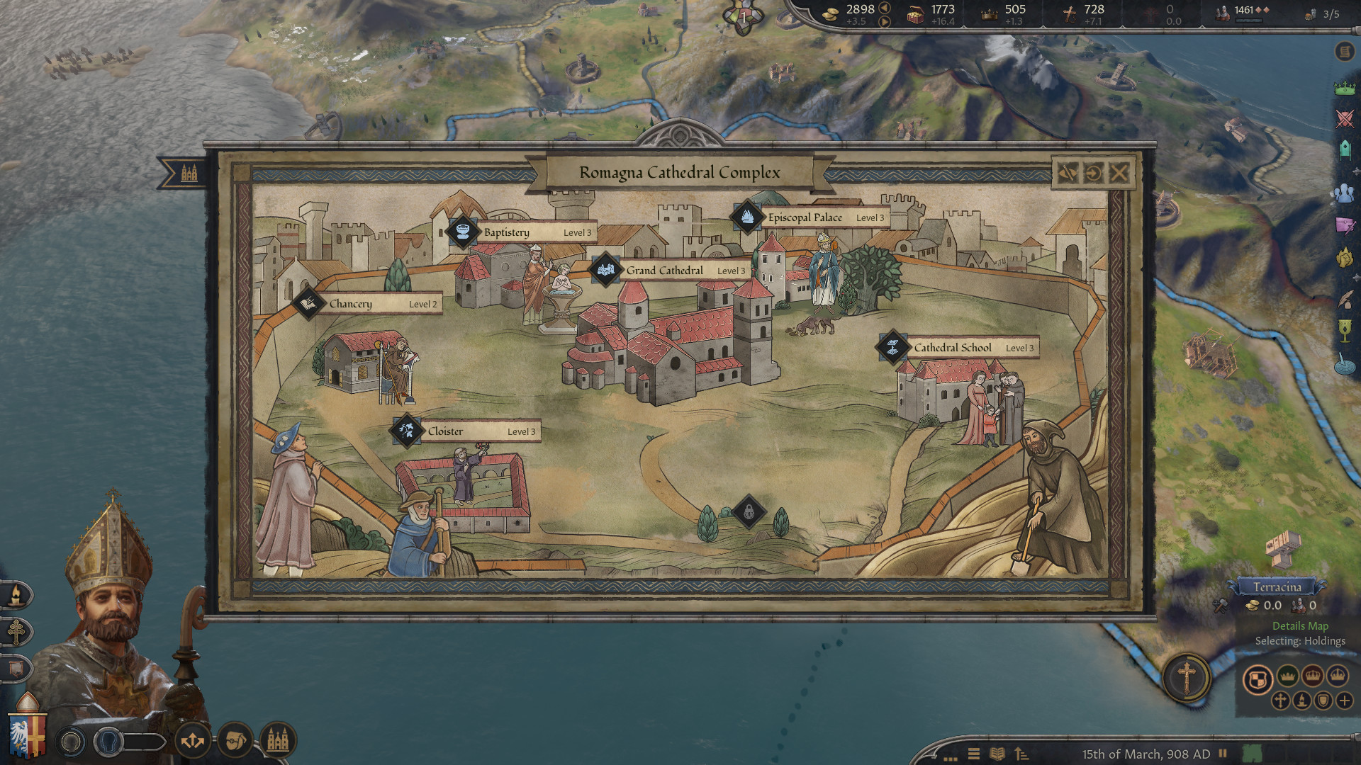 Crusader Kings 3 gameplay screenshot showing a cathedral on the map.