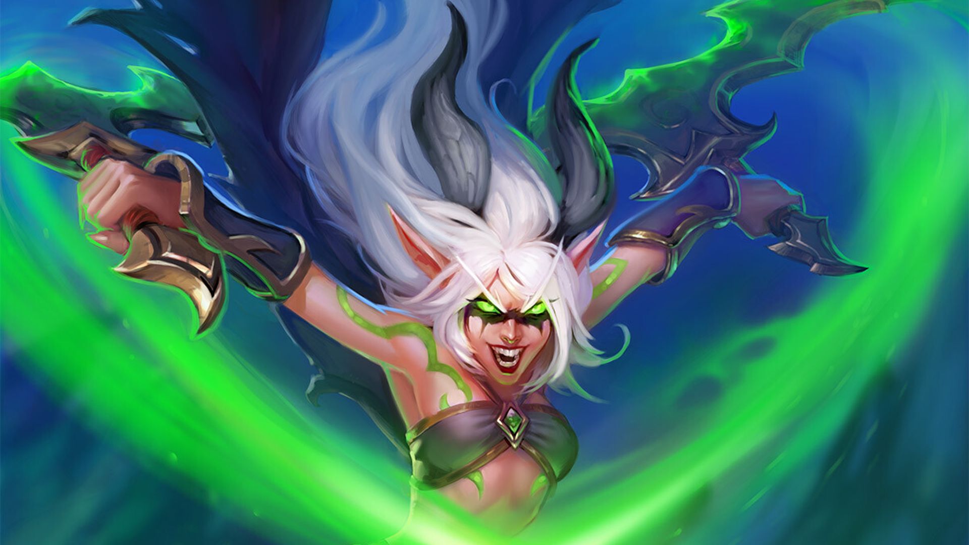 World of Warcraft key art showing a demon hunter with fel blades.