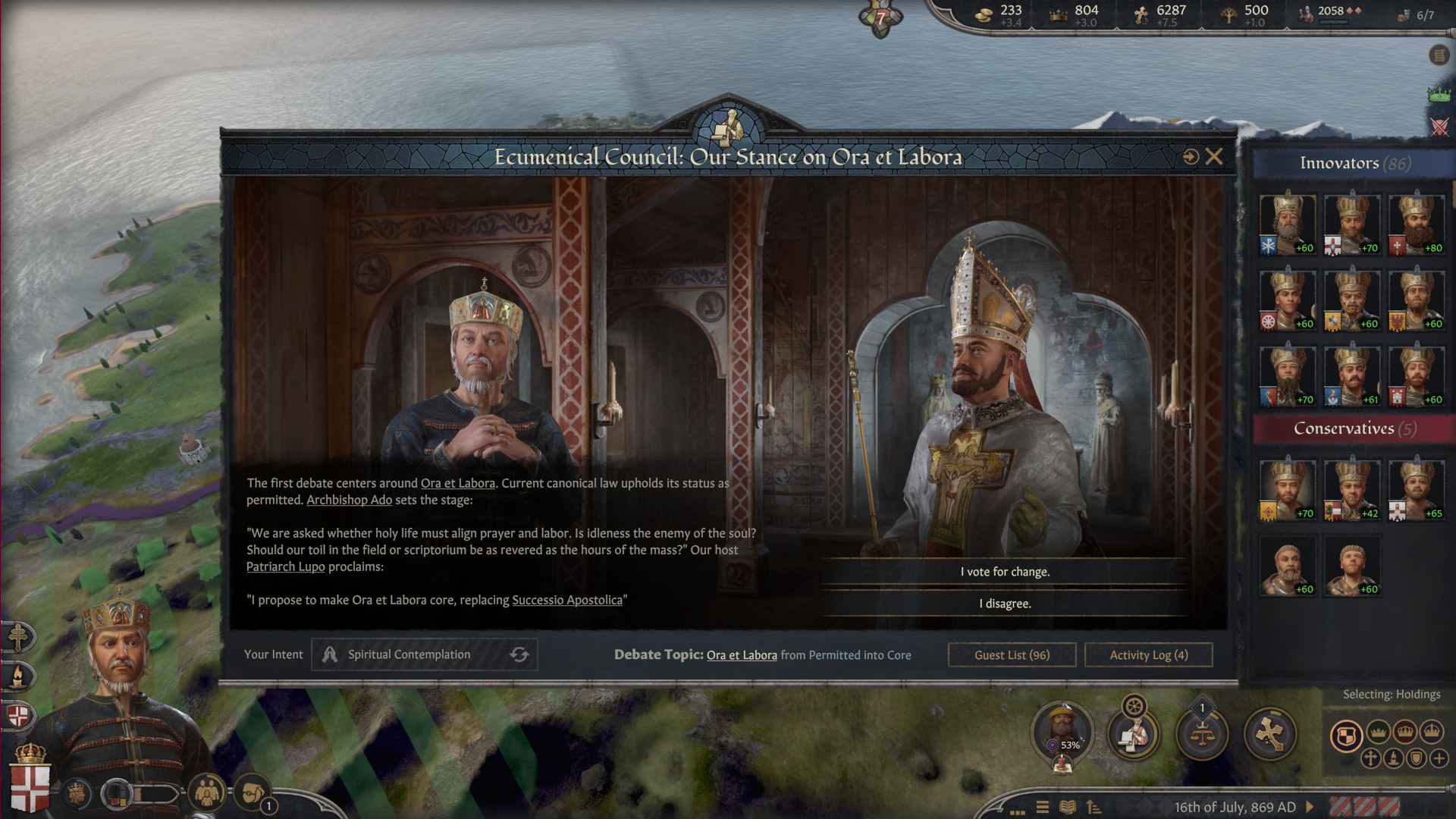 Crusader Kings 3 gameplay screenshot showing a screen with details about a council.