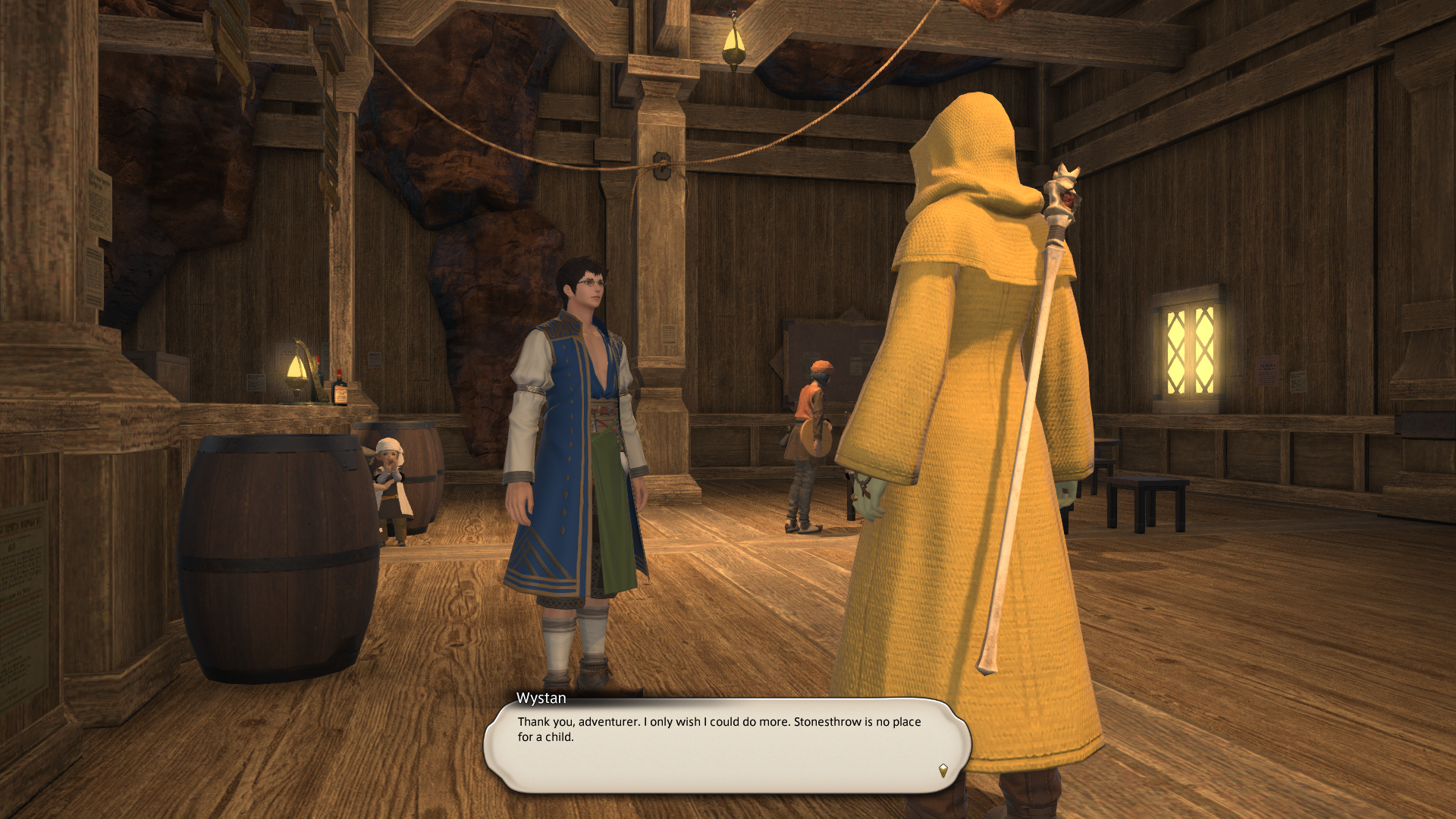 Final Fantasy XIV Online screenshot showing the player character speaking to an NPC.