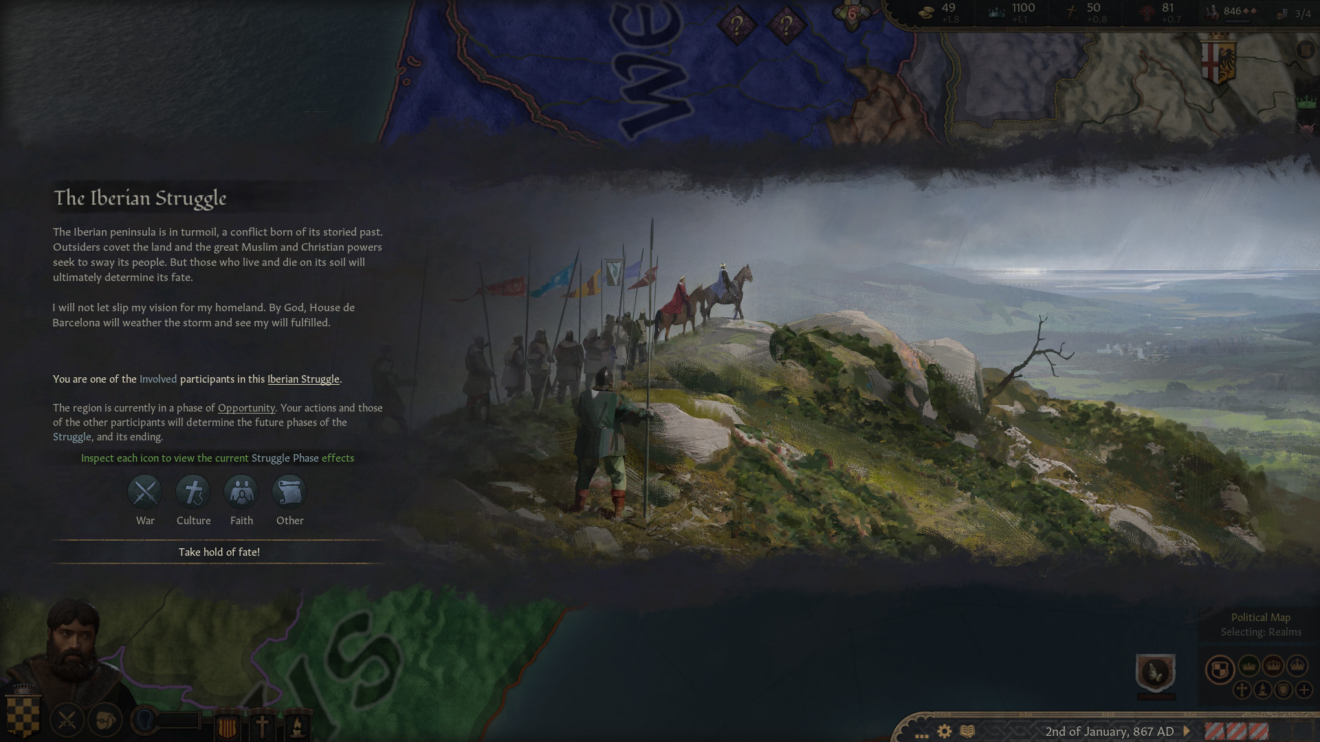 Crusader Kings 3 screenshot showing Fate of Iberia with a mountain.