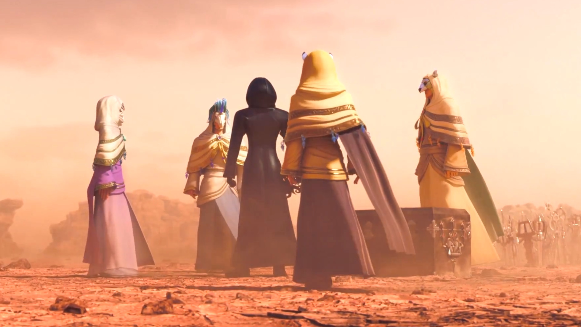 Kingdom Hearts screenshot showing a group of characters in the desert called the Foretellers.
