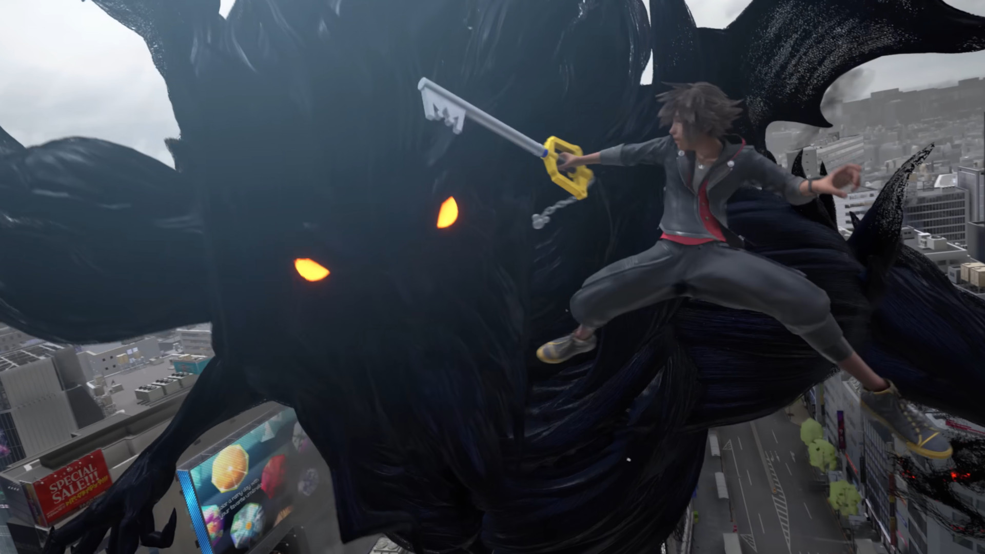 Kingdom Hearts screenshot showing a battle with Sora and a Keyblade.