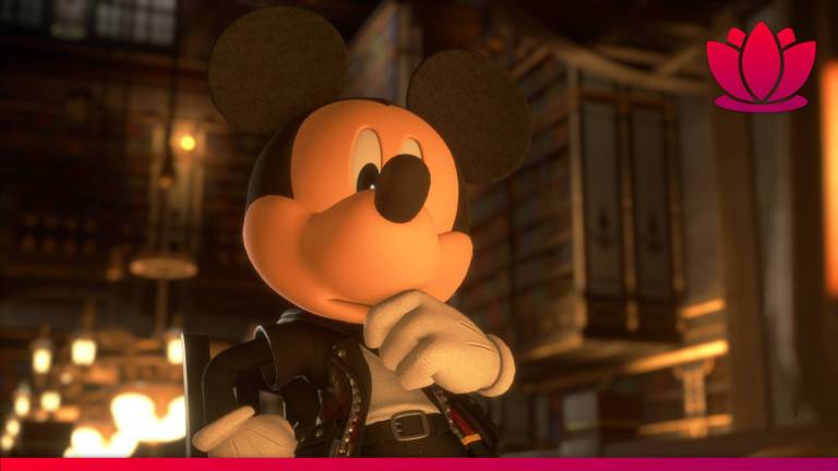 Kingdom Hearts screenshot showing Mickey Mouse thinking.