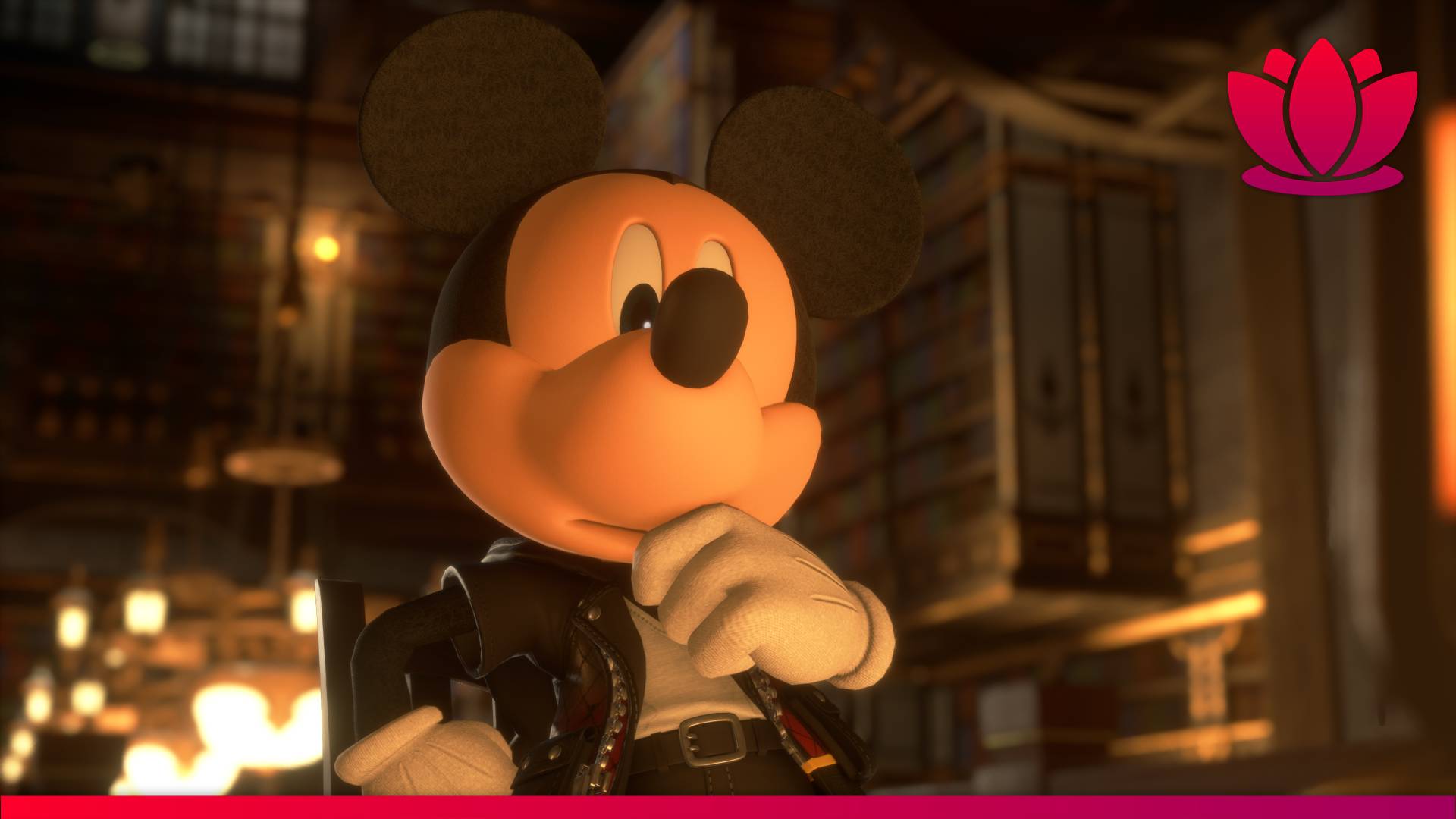 Kingdom Hearts screenshot showing Mickey Mouse thinking.