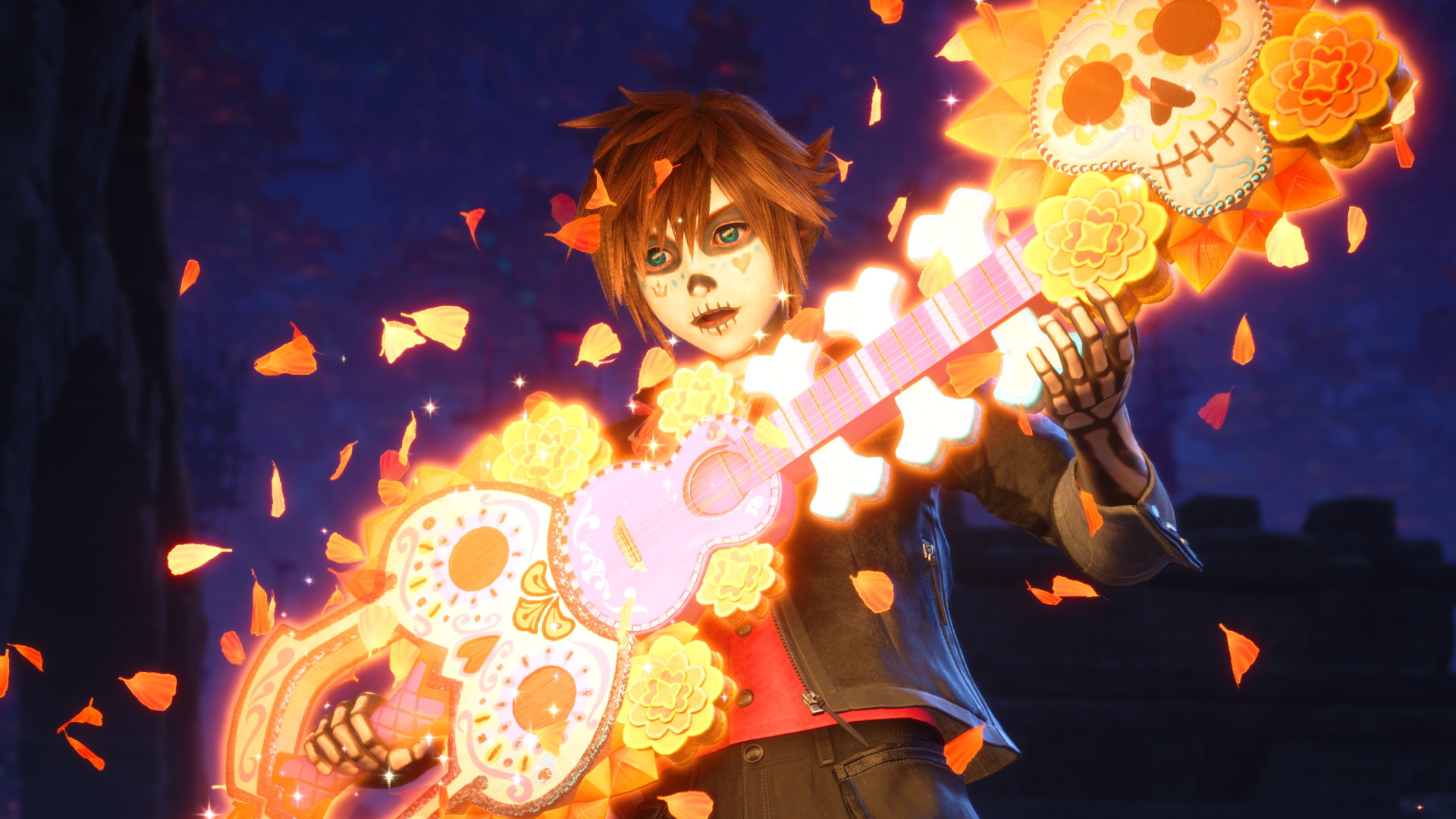Kingdom Hearts screenshot showing a floral Keyblade with Sora in face paint.