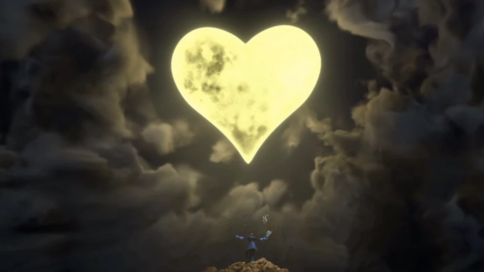 Kingdom Hearts screenshot showing a glowing heart in a dark cloudy sky,