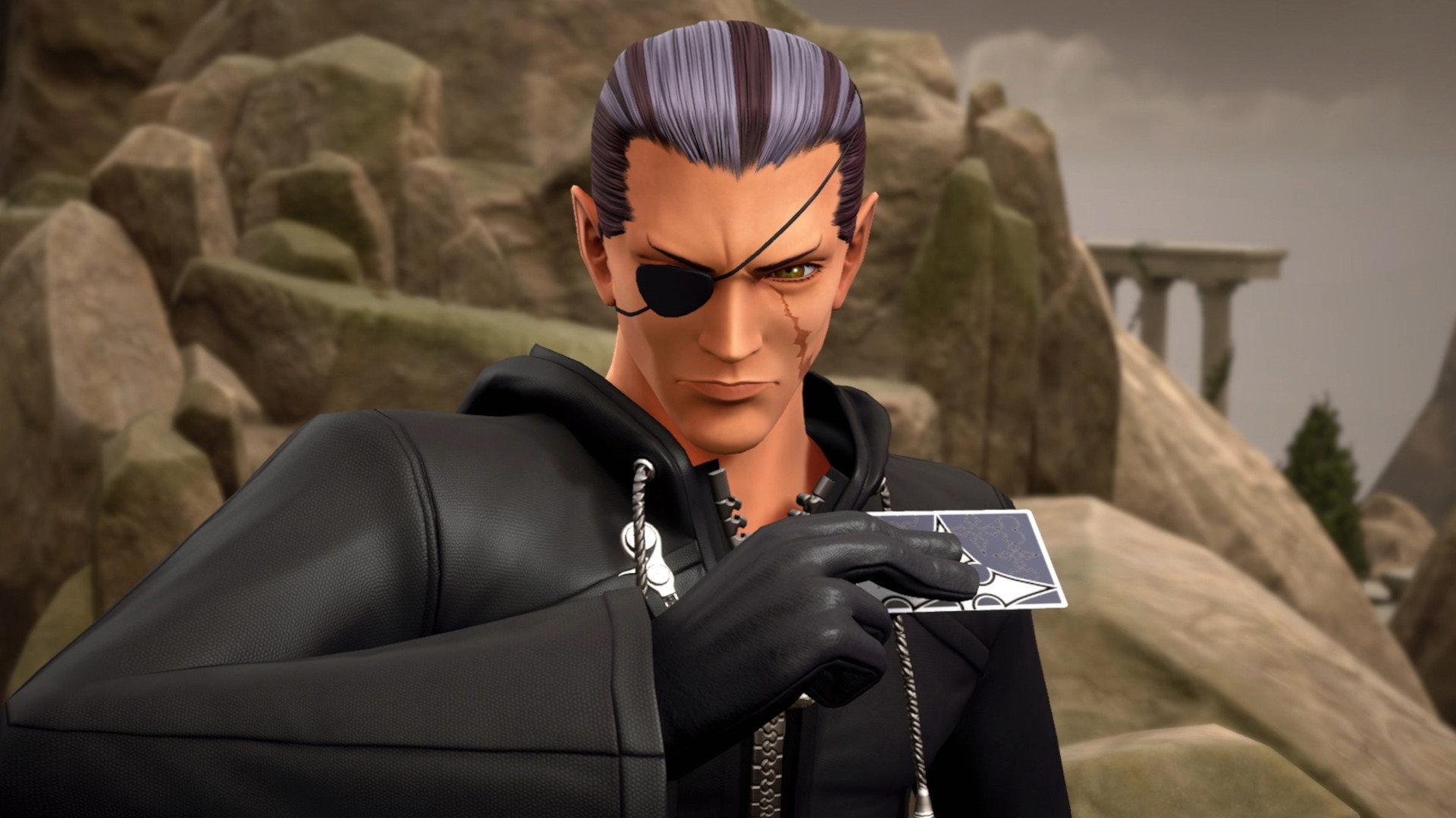 Kingdom Hearts screenshot showing character Luxu with an eye patch.
