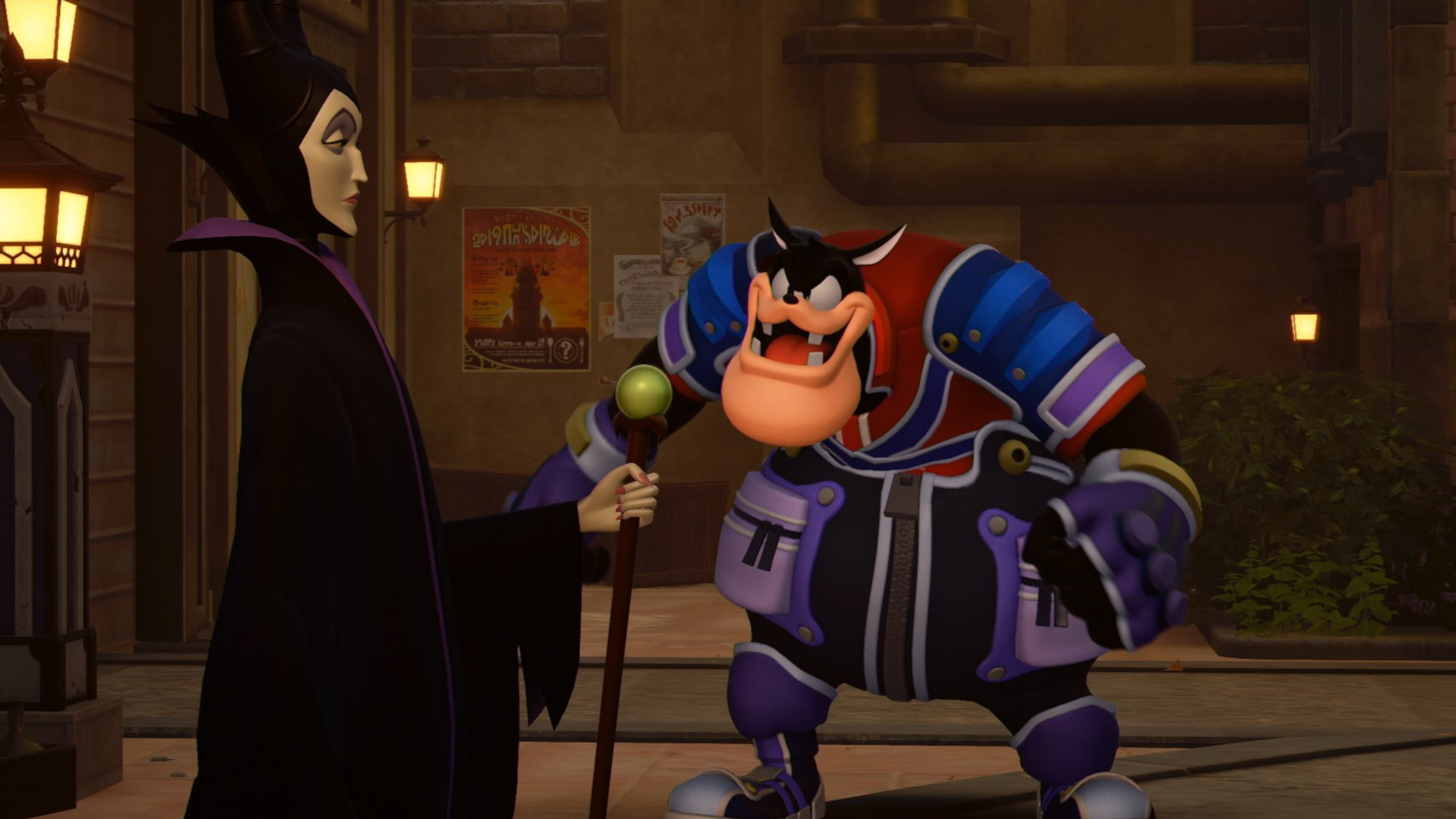 Kingdom Hearts screenshot showing Maleficent and another character speaking in a candlelit room.