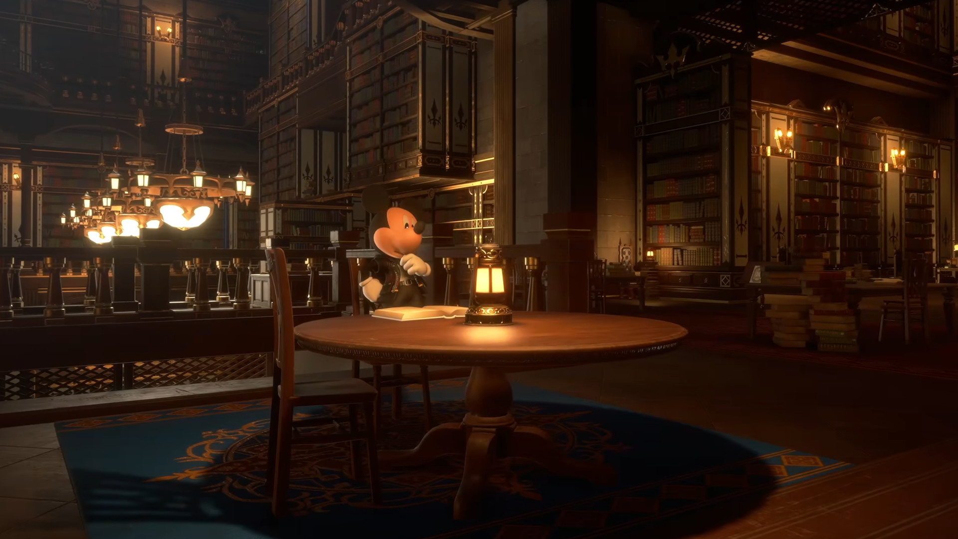 Kingdom Hearts screenshot showing Mickey thinking about things at a dark table.
