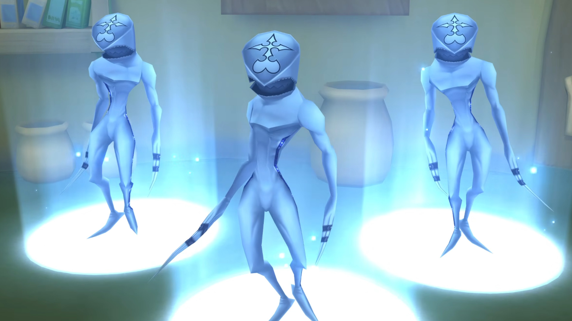 Kingdom Hearts screenshot showing blue hologram characters.