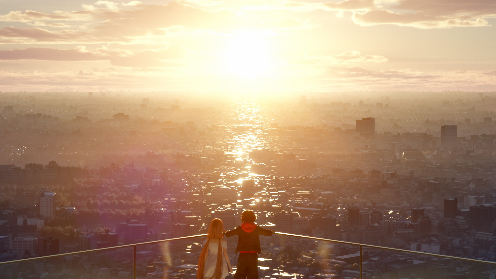 Kingdom Hearts screenshot showing a Quadratum scenic view with a sunset.