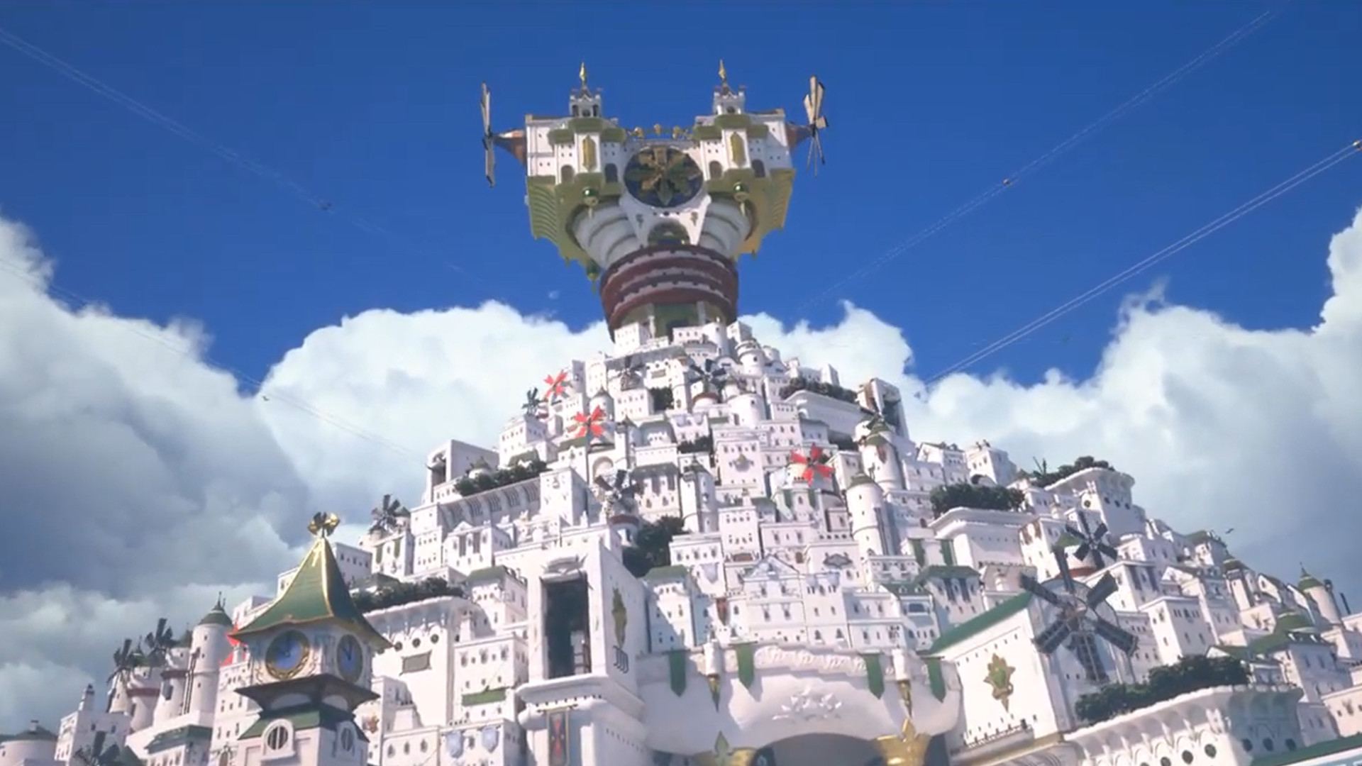 Kingdom Hearts screenshot showing city Scala with a blue, cloudy sky behind it.