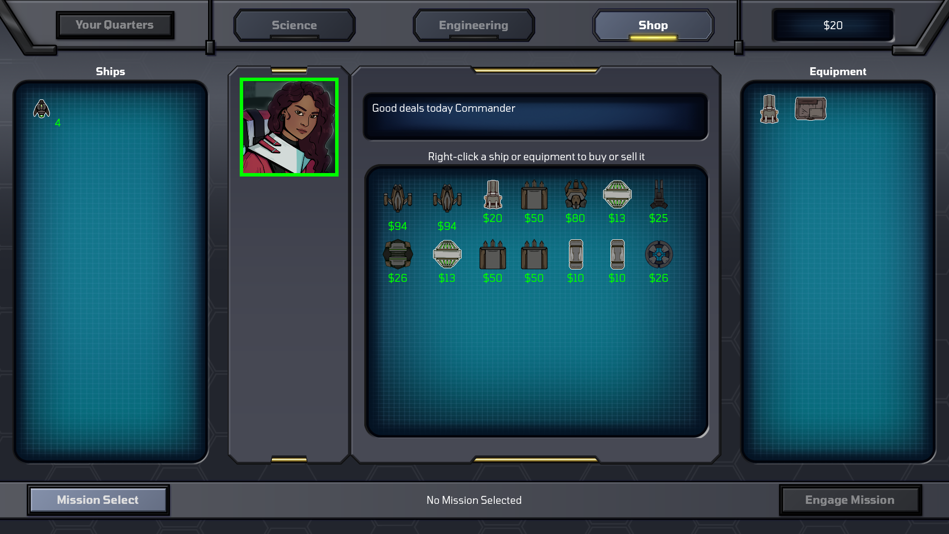 Station Command game screenshot showing the shop interface in-game.