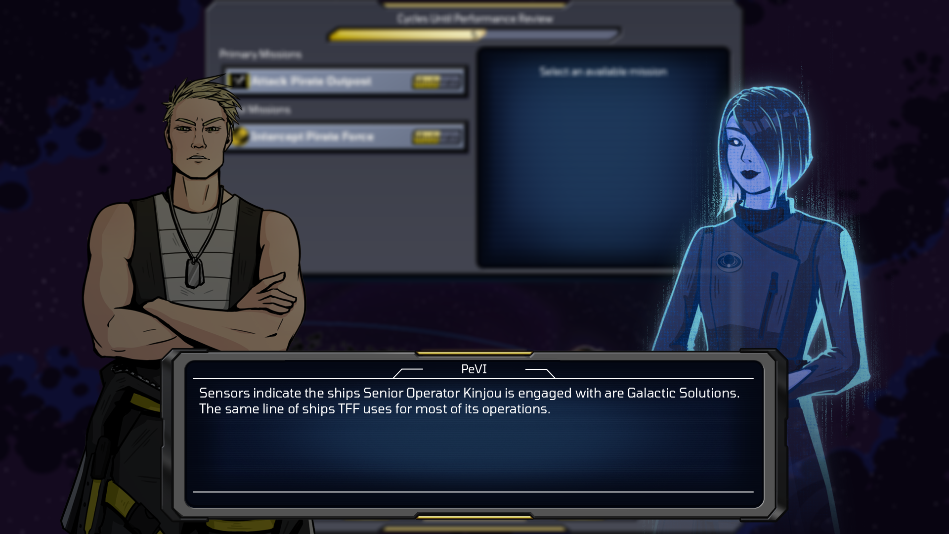 Station Command game screenshot showing two characters talking before going into a mission.