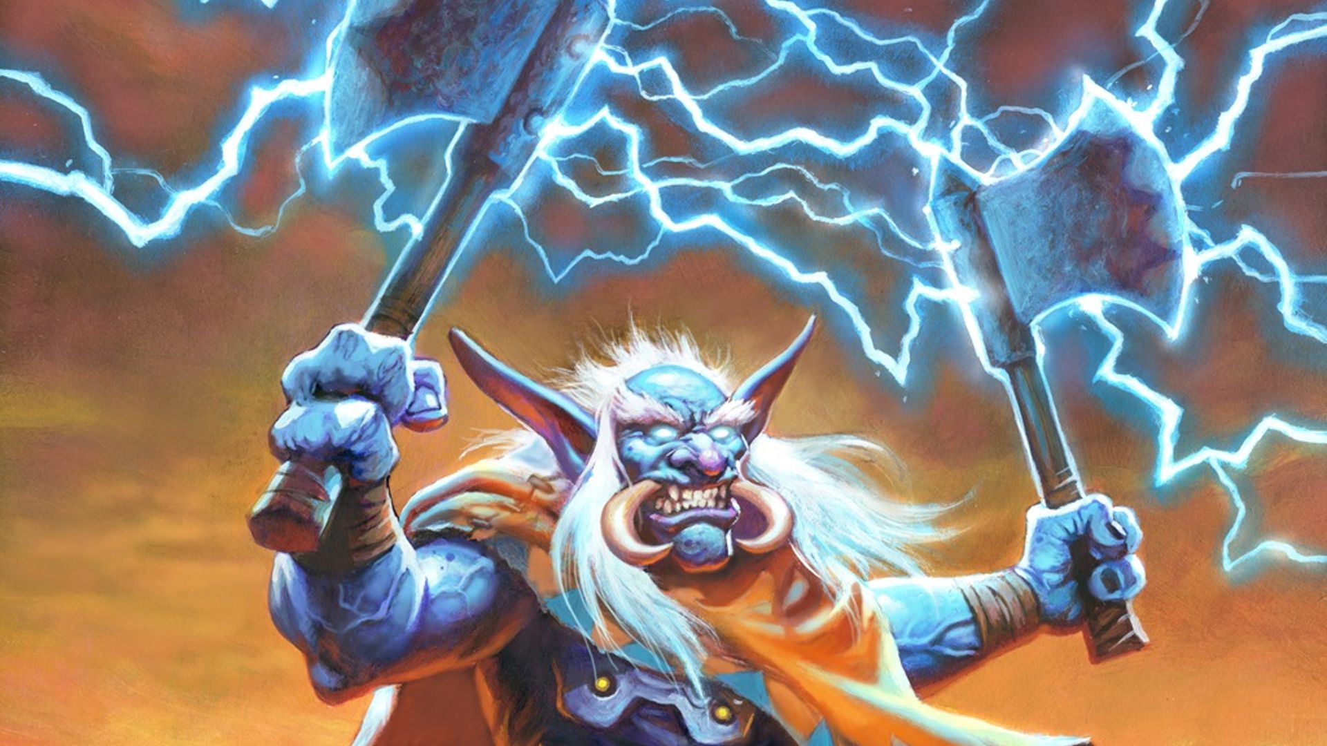 World of Warcraft key art showing a shaman with two weapons and a lightning spell.