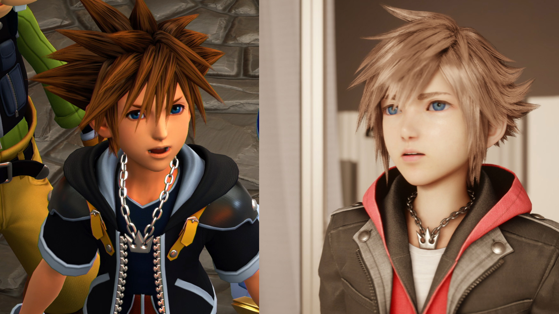 Kingdom Hearts screenshot showing old and new Sora haircuts compared to each other.