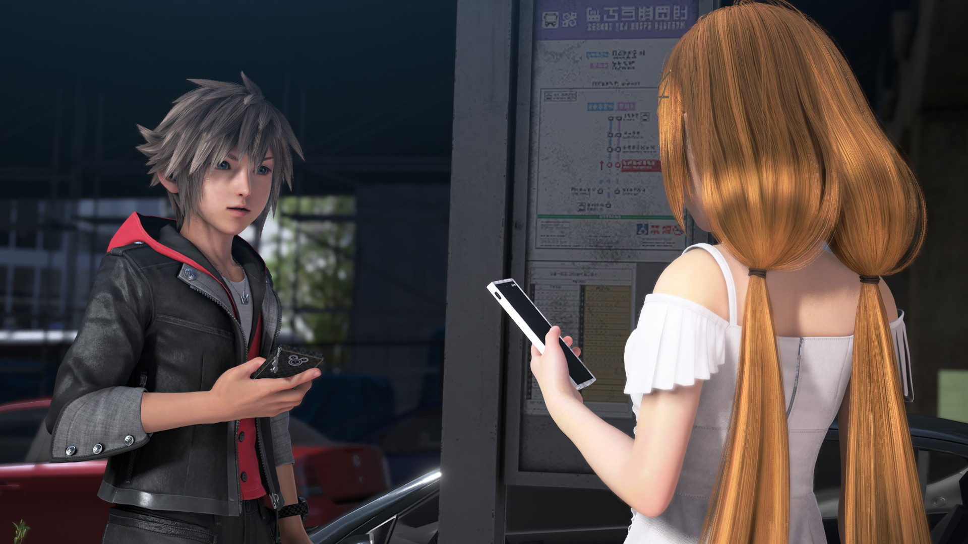 Kingdom Hearts screenshot showing Sora and another character with brown hair using their phones.