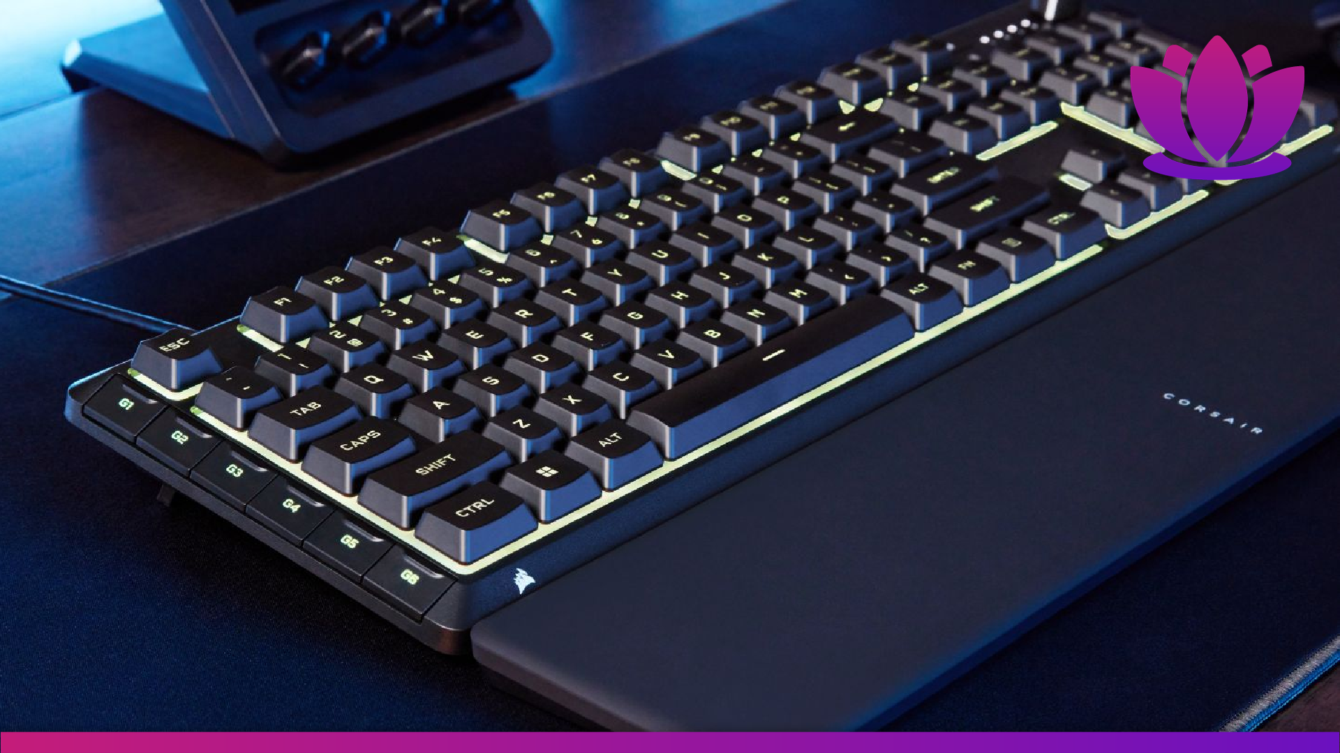 Skiff 100 Corsair keyboard shown on a dark desk with blue lights.