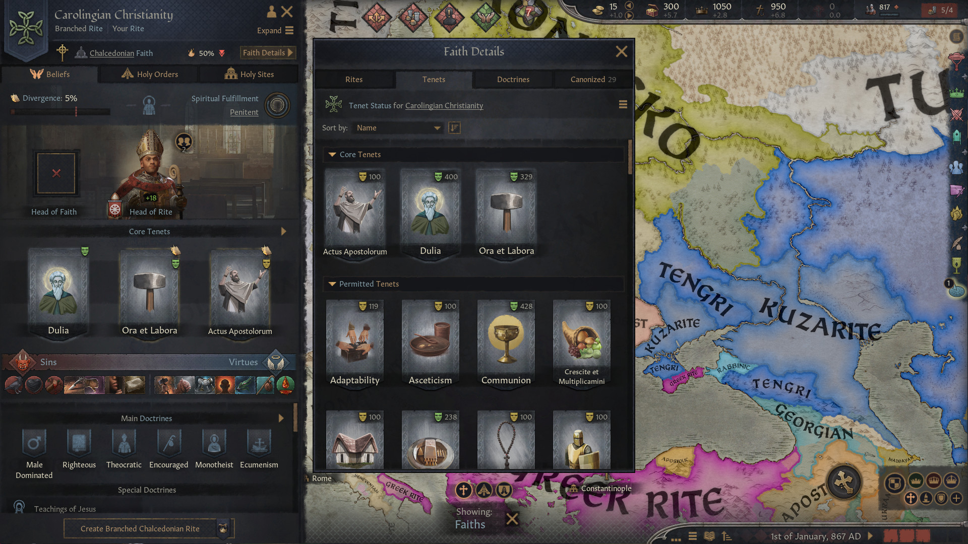 Crusader Kings 3 gameplay screenshot showing a list of Tenets.