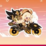 Cookie Run: Kingdom art showing two characters on a motorbike with a sunny background.