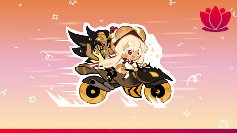 Cookie Run: Kingdom art showing two characters on a motorbike with a sunny background.