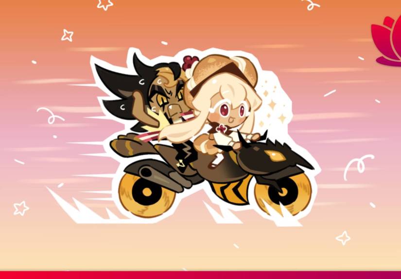 Cookie Run: Kingdom art showing two characters on a motorbike with a sunny background.