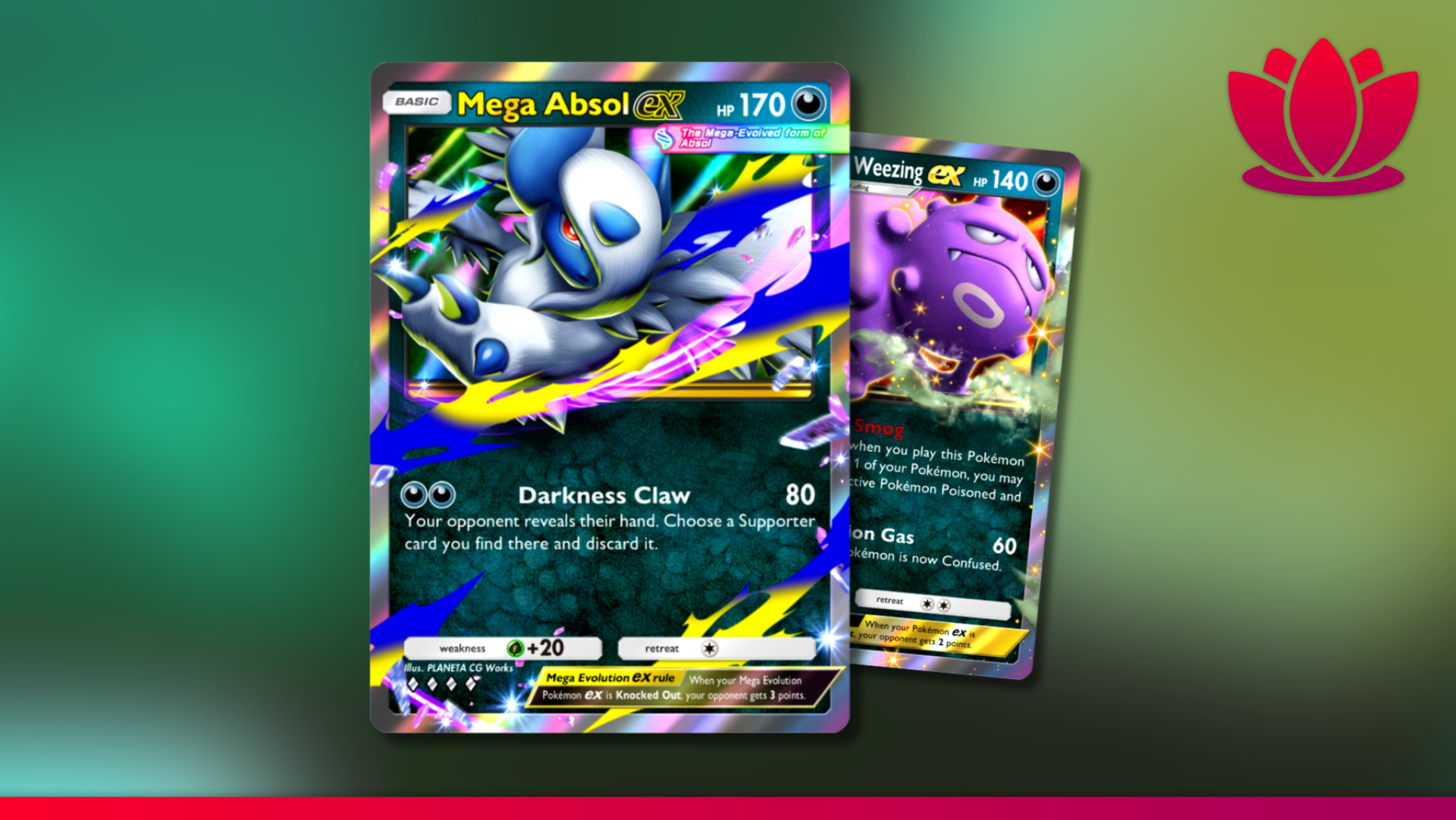 Pokémon Pocket cards showing Mega Absol and Weezing on a blurry background.