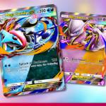 Pokémon Pocket cards showing dual type Mega Greninja and Mega Mewtwo X.