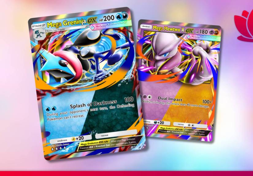 Pokémon Pocket cards showing dual type Mega Greninja and Mega Mewtwo X.