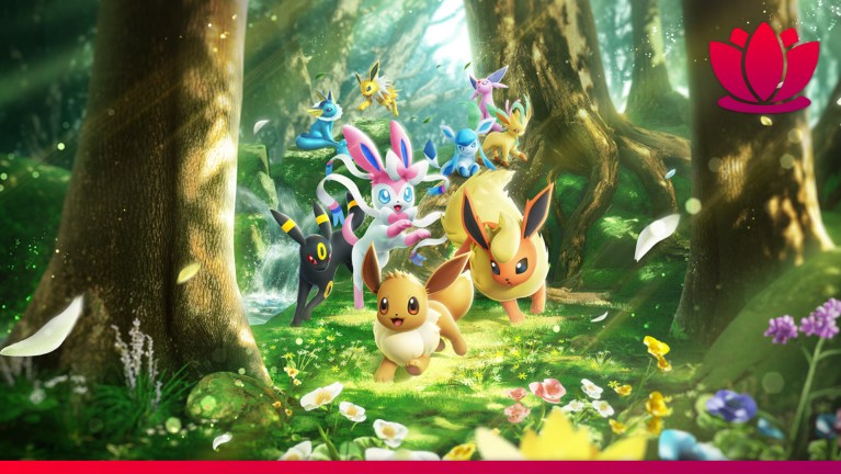 Pokémon TCG Pocket key art showing the Eevee Grove design with the Eeveelutions in a forest.