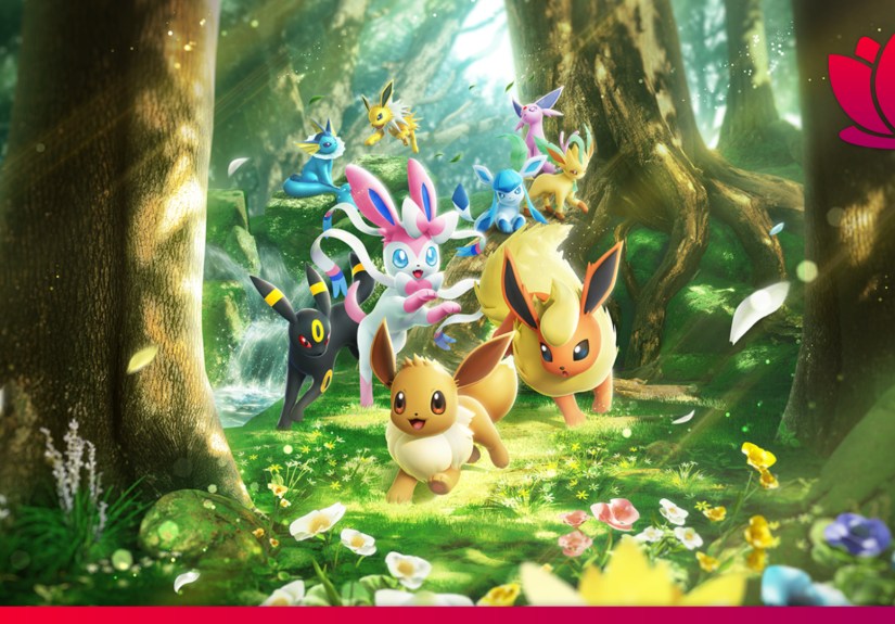 Pokémon TCG Pocket key art showing the Eevee Grove design with the Eeveelutions in a forest.