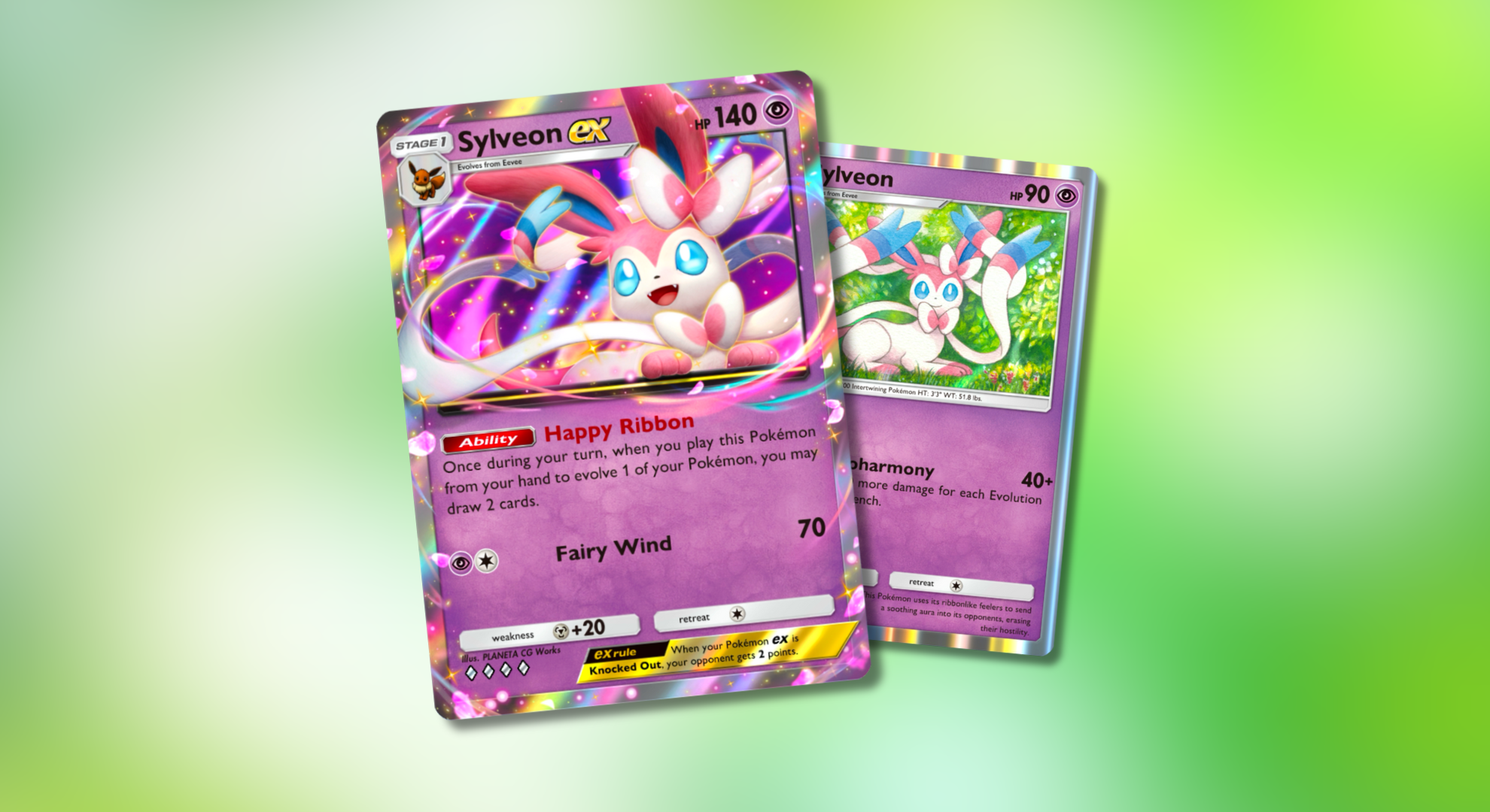 Pokémon TCG Pocket cards showing Sylveon on a blurry green background.